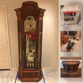 MaxSold Auction: This online auction features ANTIQUE: Frank Hernle Imperial Italian clock and matching candelabras garniturn set. Howard Miller grandfather clock. FURNITURE: Stone top foyer table; Floral hall table; five panel collapsible mirrored room divider; office; brown love seat and chair with ottoman; bedroom; iron patio. ART: Venus statue. Pair of Sentry safes. Fisher speakers. Energy Star water cooler. NIB chandelier. CHINA: Noritake serving bowl. CRYSTAL/CUT GLASS: Lenox, stemware, punch bowls and cups. Silver plate serving pieces. COLLECTIBLE: Steins; penguins and much more!